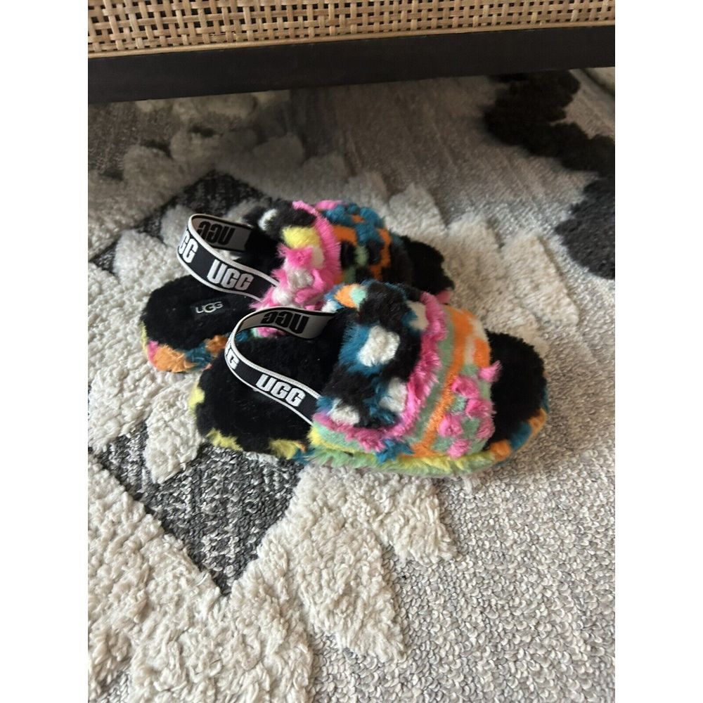UGG Kids Multicolor Fuzzy Slide Sandals with Branded Heel Strap